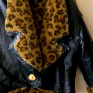 Black leather coat, w/ leopard design lining